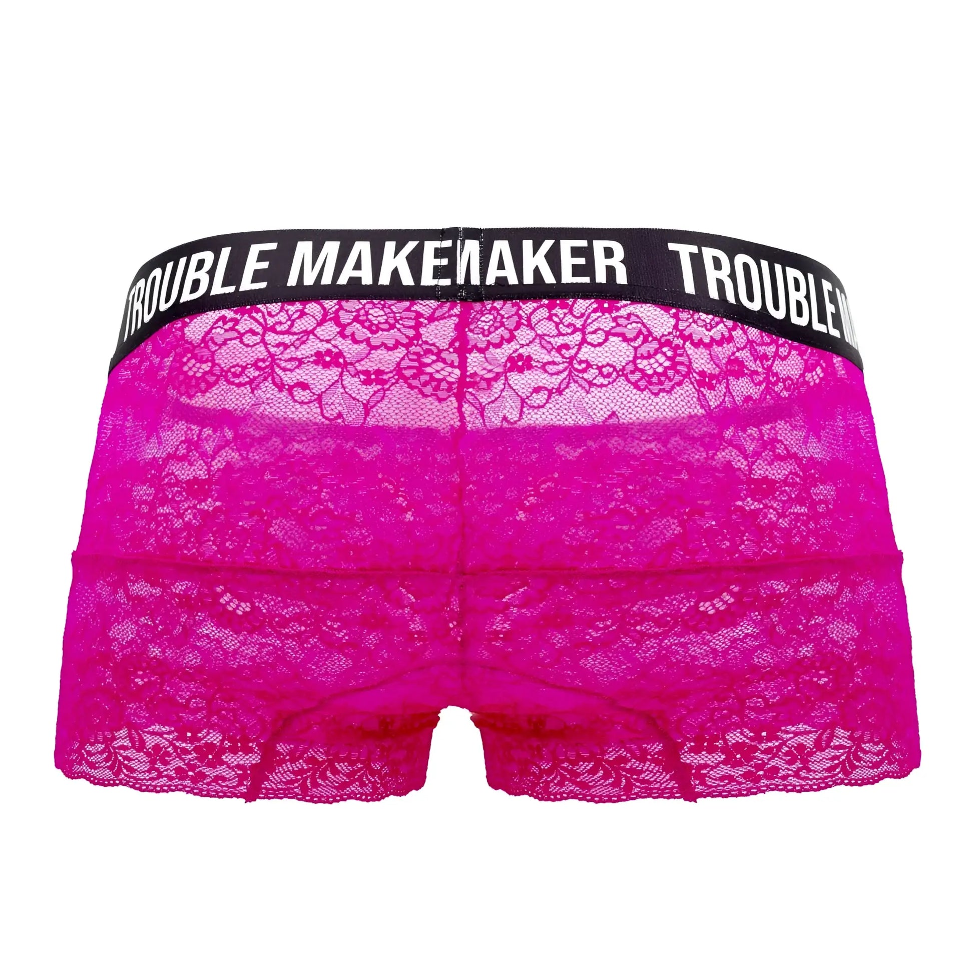 Vibrant fuchsia candyMan 99616X trouble maker lace trunks with black waistband and white logo lettering
