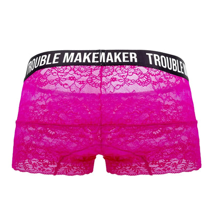 Vibrant fuchsia candyMan 99616X trouble maker lace trunks with black waistband and white logo lettering