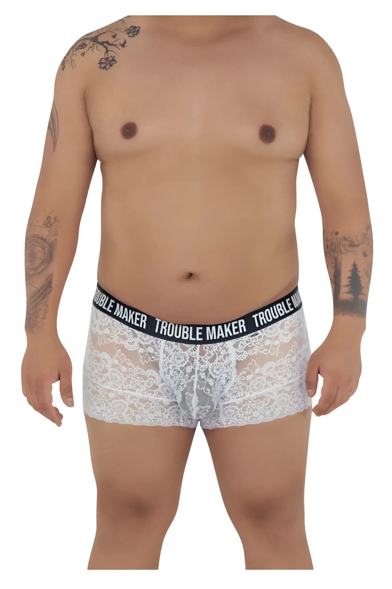 White lace boxer briefs with black elastic waistband featuring trouble maker brand name by candyman