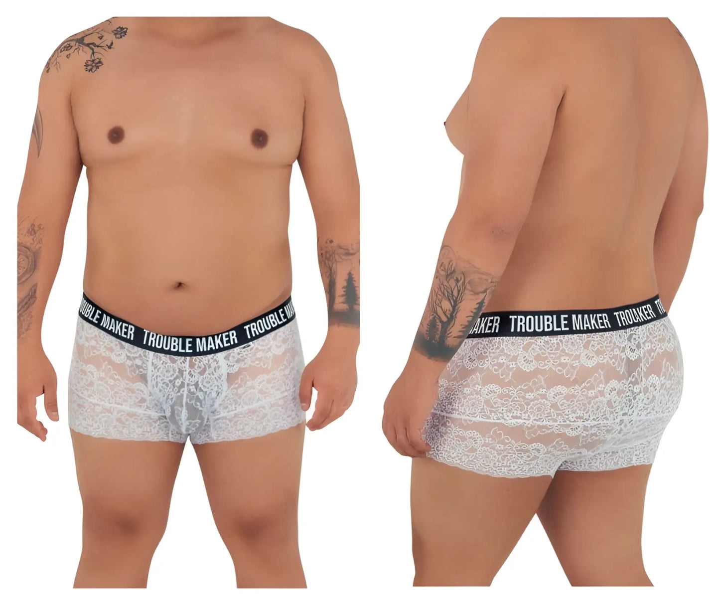 White lace boxer briefs with a black trouble maker waistband by candyman 99616x lace trunks color white