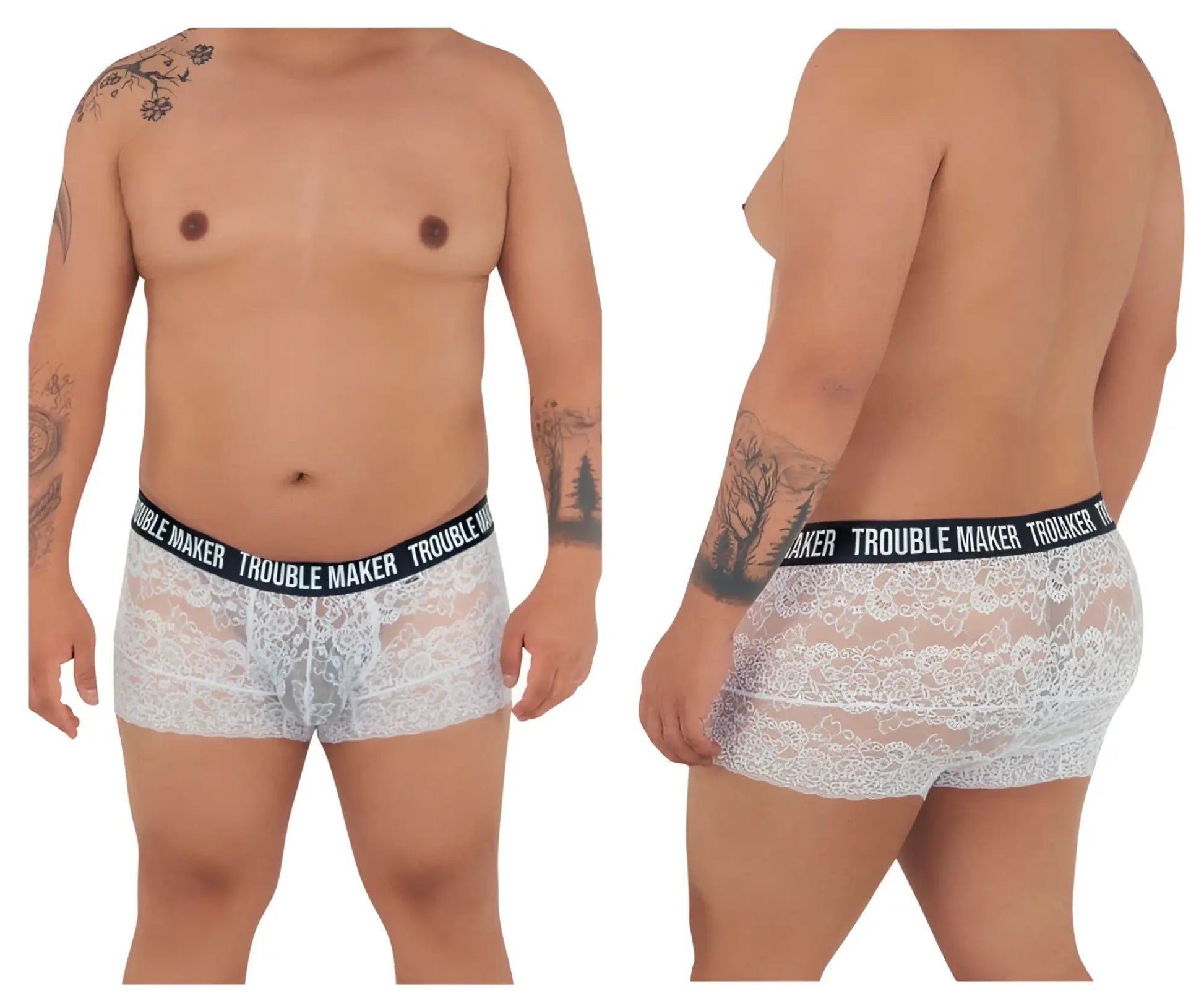 White lace boxer briefs with a black trouble maker waistband by candyman 99616x lace trunks color white