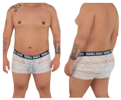 White lace boxer briefs with a black trouble maker waistband by candyman 99616x lace trunks color white