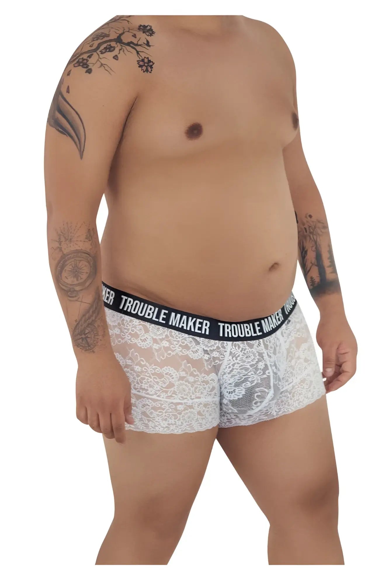 White lace boxer briefs with a black elastic waistband featuring trouble maker branding candyMan 99616X lace trunks