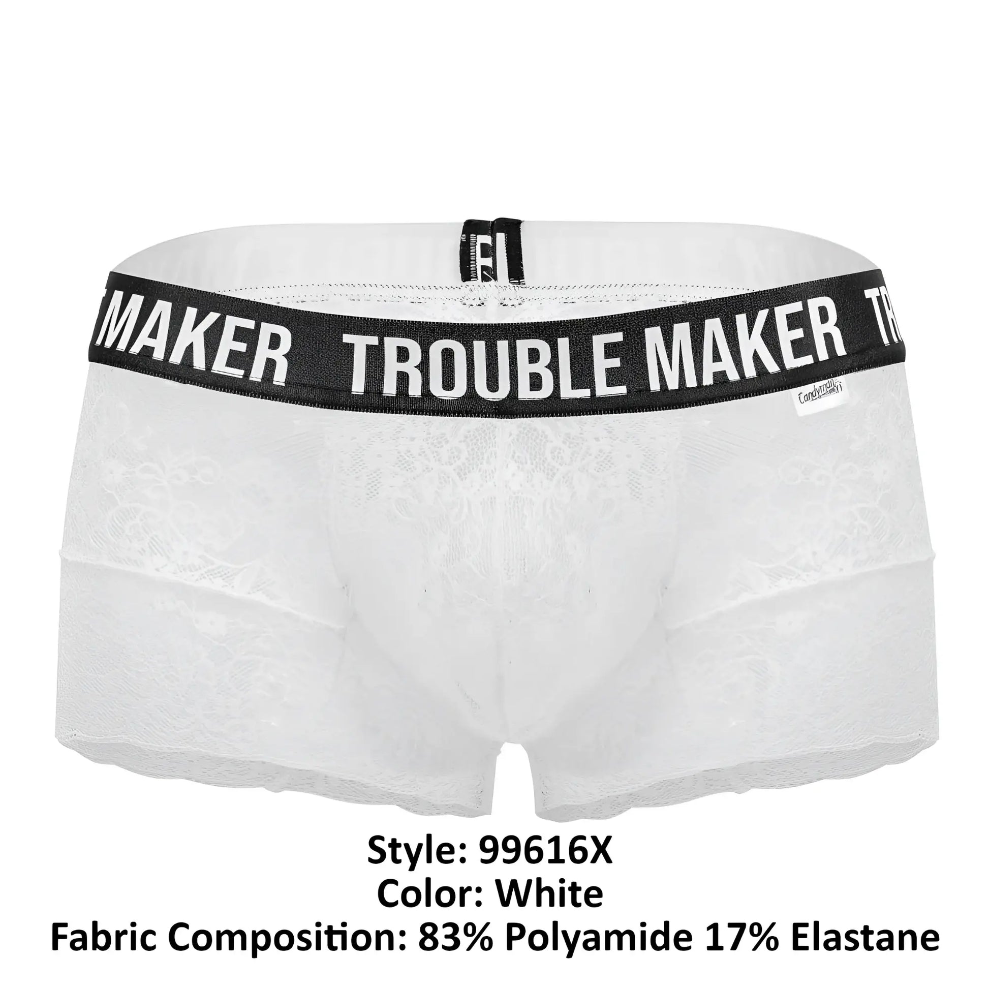 White lace boxer briefs with black elastic waistband featuring maker trouble maker text candy man 99616x lace trunks