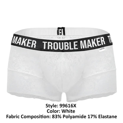 White lace boxer briefs with black elastic waistband featuring maker trouble maker text candy man 99616x lace trunks
