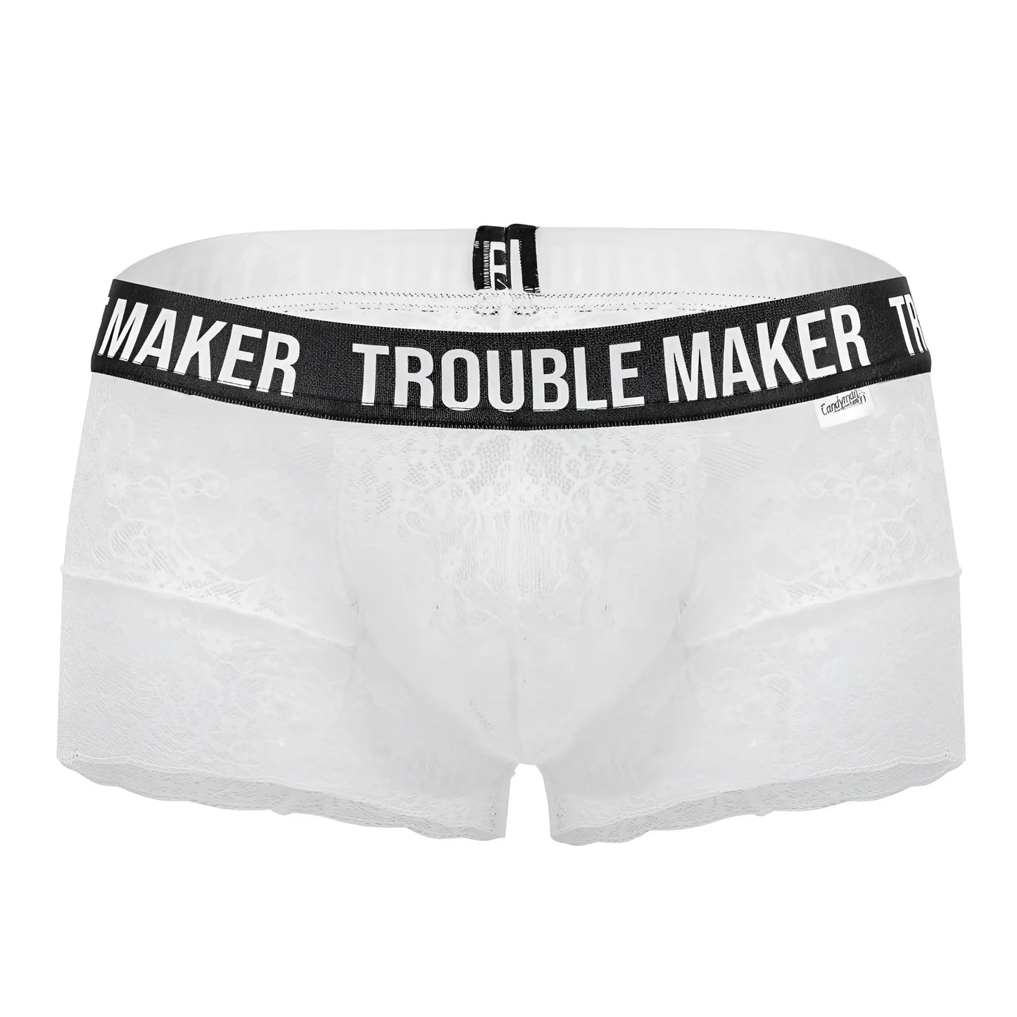 White lace boxer briefs with black waistband printed trouble maker by candyman 99616x lace trunks white