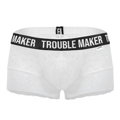 White lace boxer briefs with black waistband printed trouble maker by candyman 99616x lace trunks white
