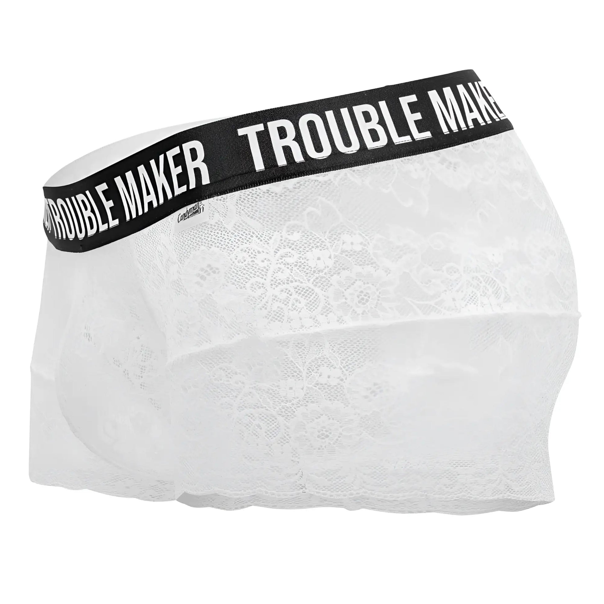 White lace CandyMan 99616X Trouble Maker trunks with black elastic waistband featuring white logo lettering