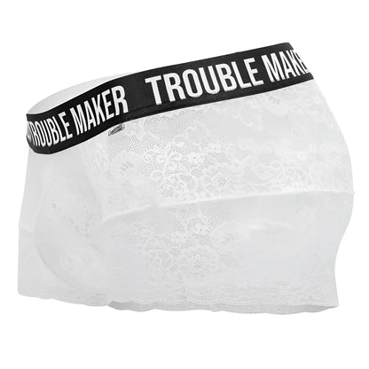 White lace CandyMan 99616X Trouble Maker trunks with black elastic waistband featuring white logo lettering