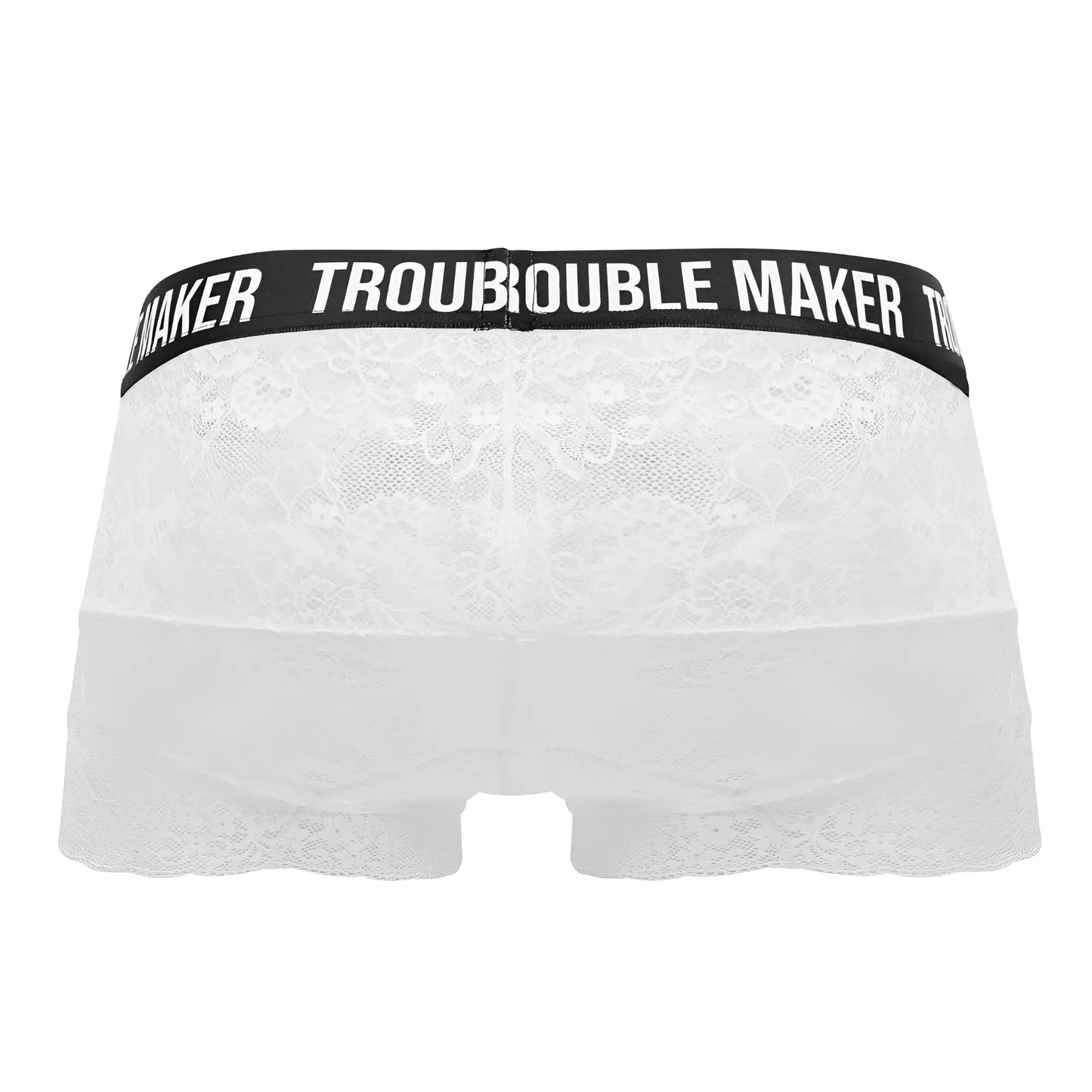 White lace CandyMan 99616X Trouble Maker lace trunks with black waistband and white brand lettering in white color