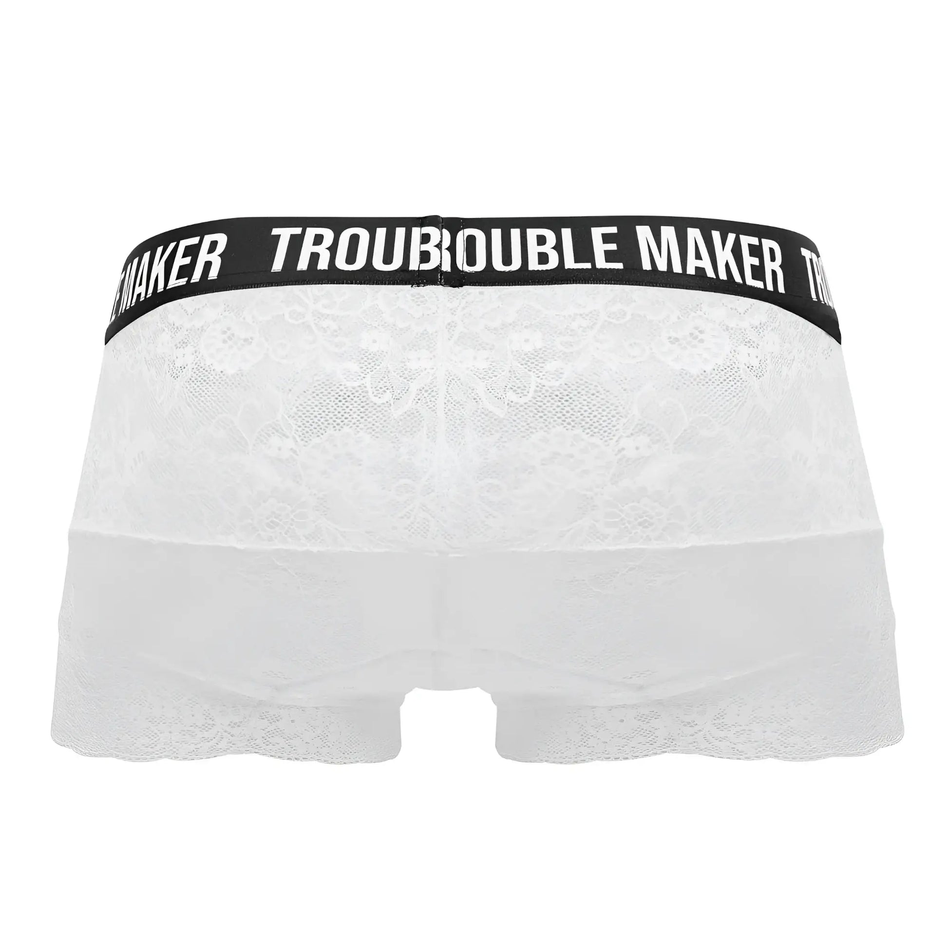 White lace CandyMan 99616X Trouble Maker lace trunks with black waistband and white brand lettering in white color