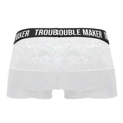 White lace CandyMan 99616X Trouble Maker lace trunks with black waistband and white brand lettering in white color
