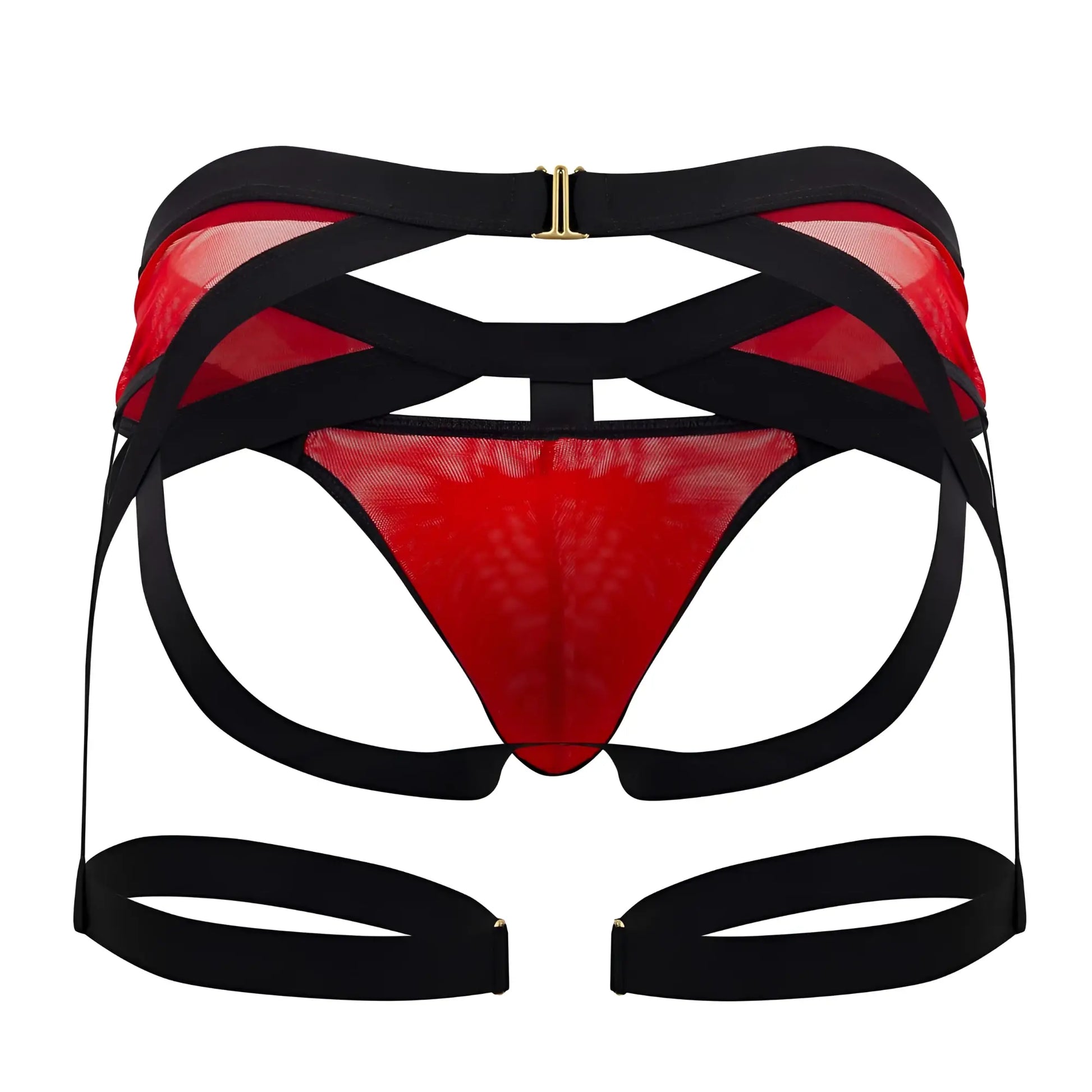 Red and black mesh harness style CandyMan 99623 garter jockstrap lingerie with gold tone metal clasps