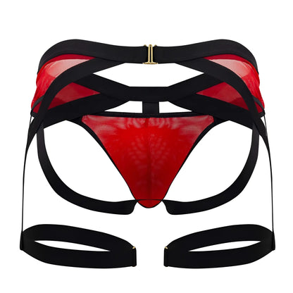 Red and black mesh harness style CandyMan 99623 garter jockstrap lingerie with gold tone metal clasps