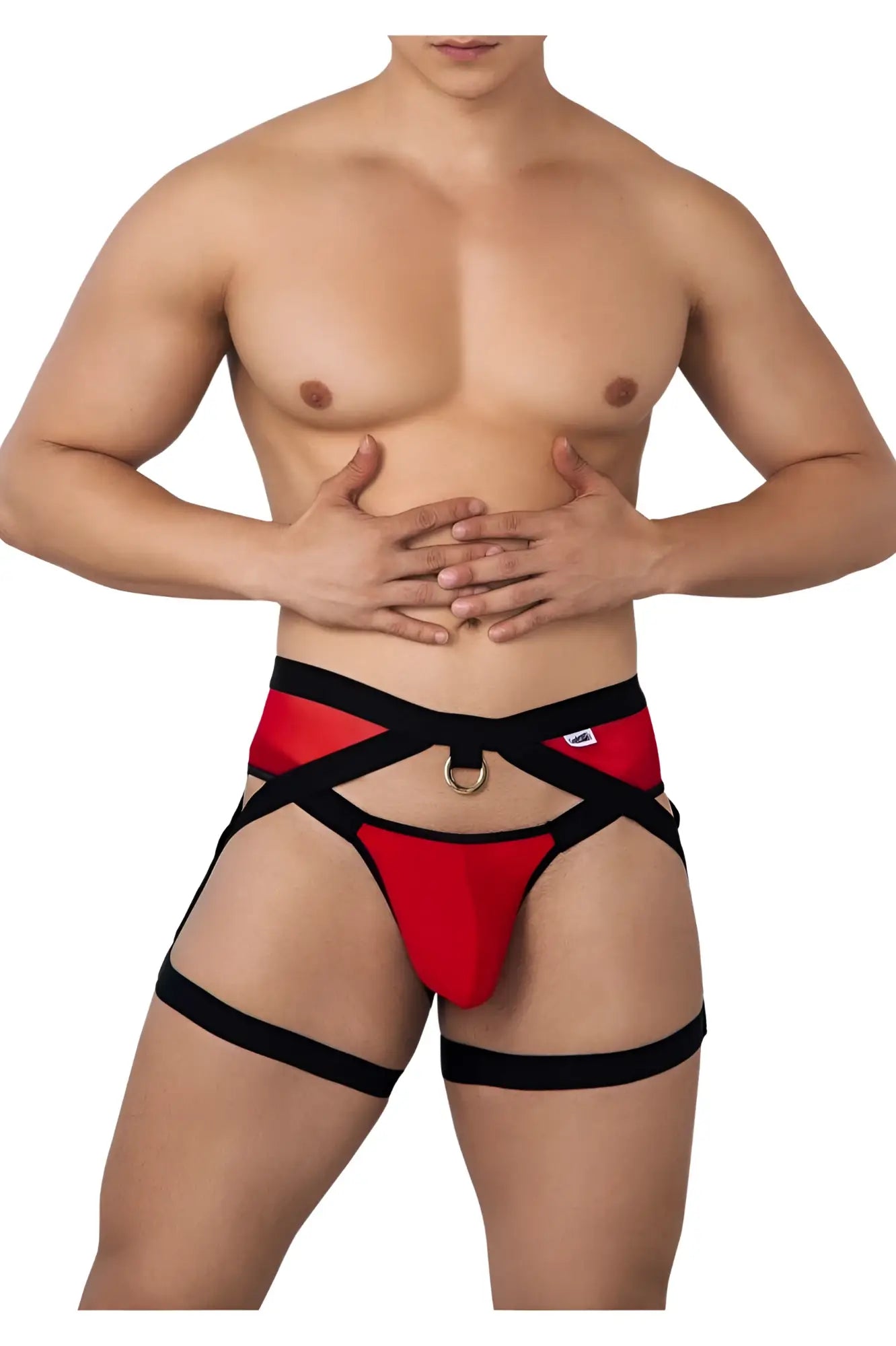 Red and black strappy men’s briefs with central gold toned ring candyMan 99623 garter jockstrap color red