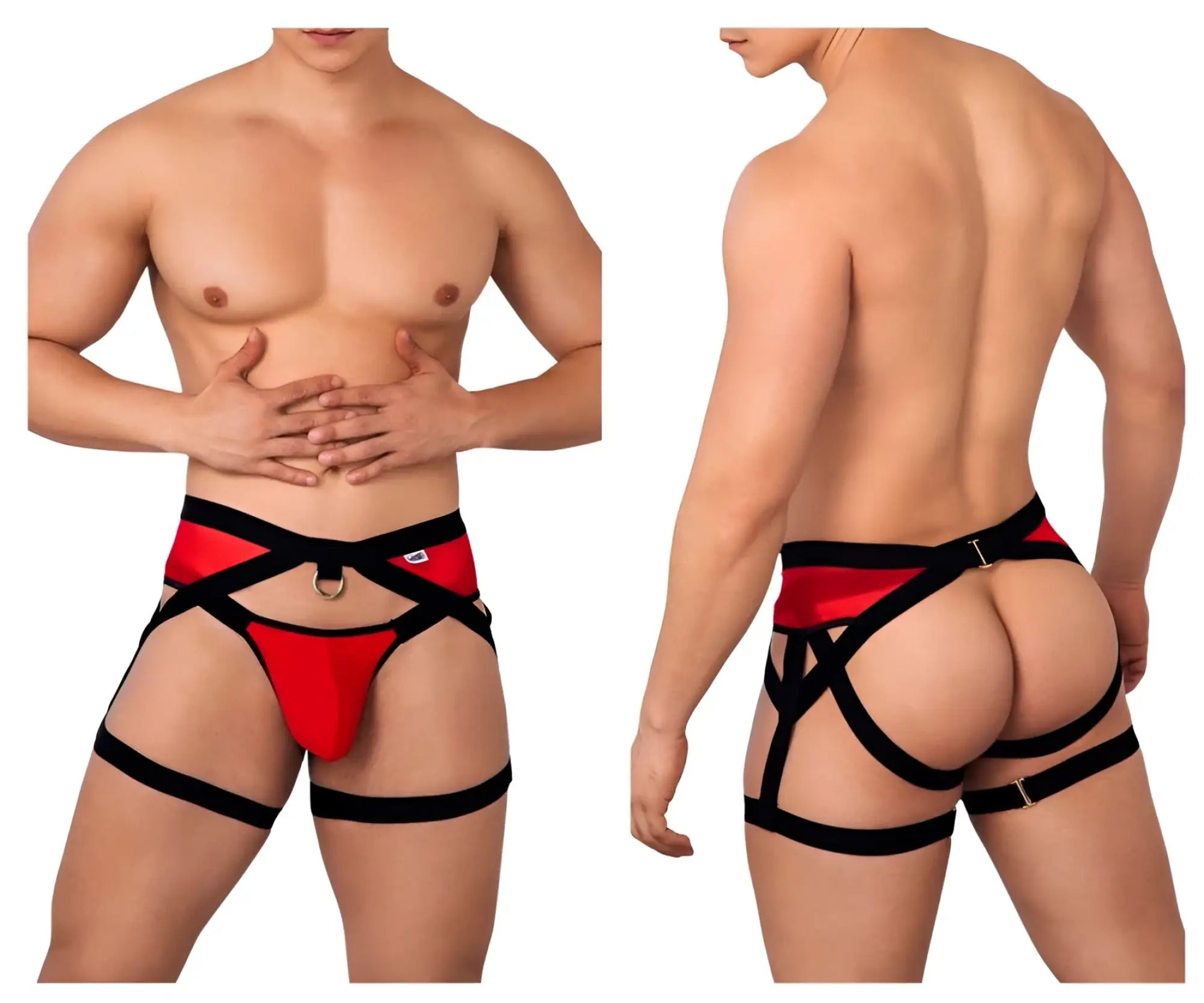 CandyMan 99623 garter jockstrap red men’s lingerie with adjustable black straps and metallic hardware