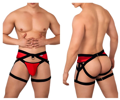 CandyMan 99623 garter jockstrap red men’s lingerie with adjustable black straps and metallic hardware