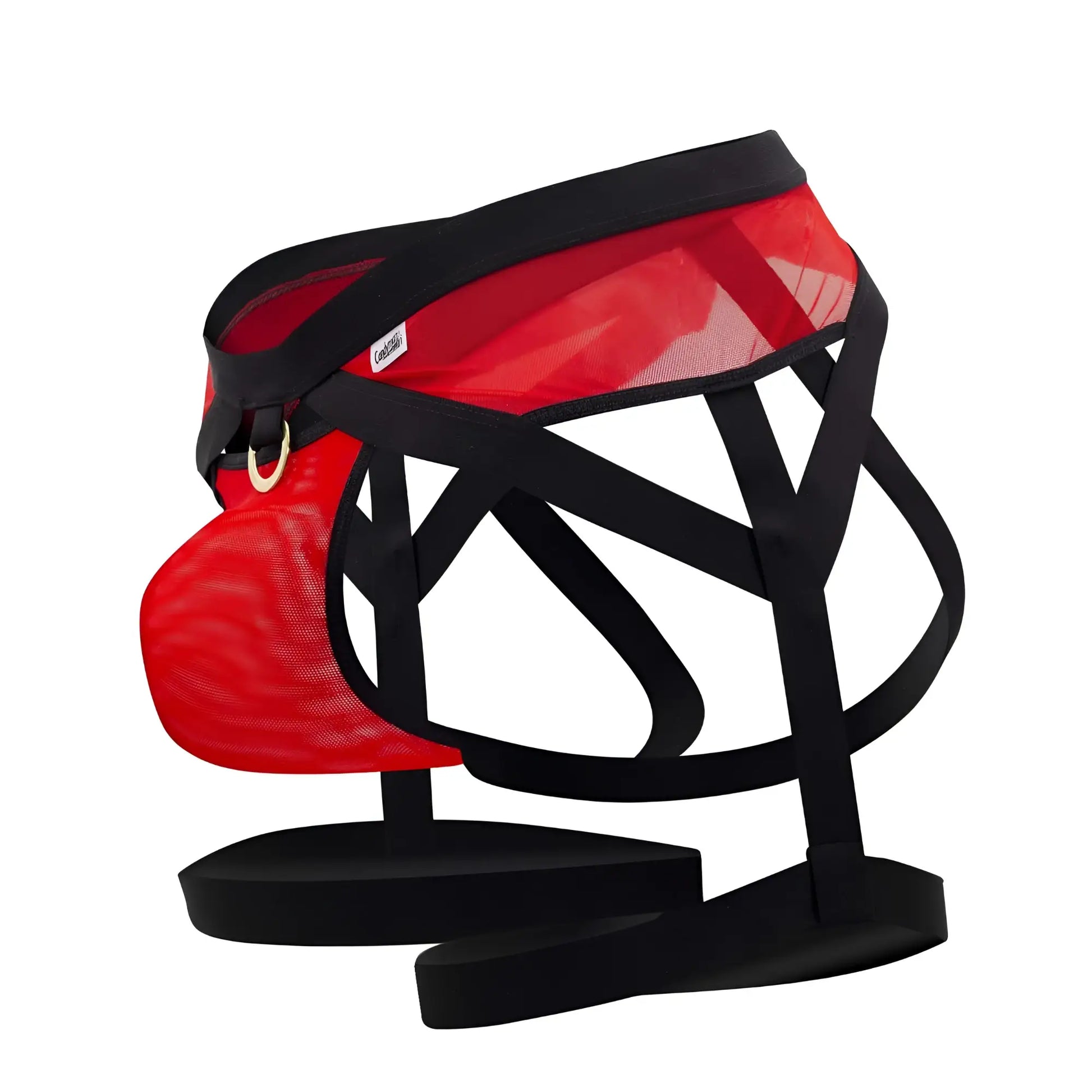 Red mesh candyMan 99623 garter jockstrap with black straps and gold-tone buckle for edgy intimate wear