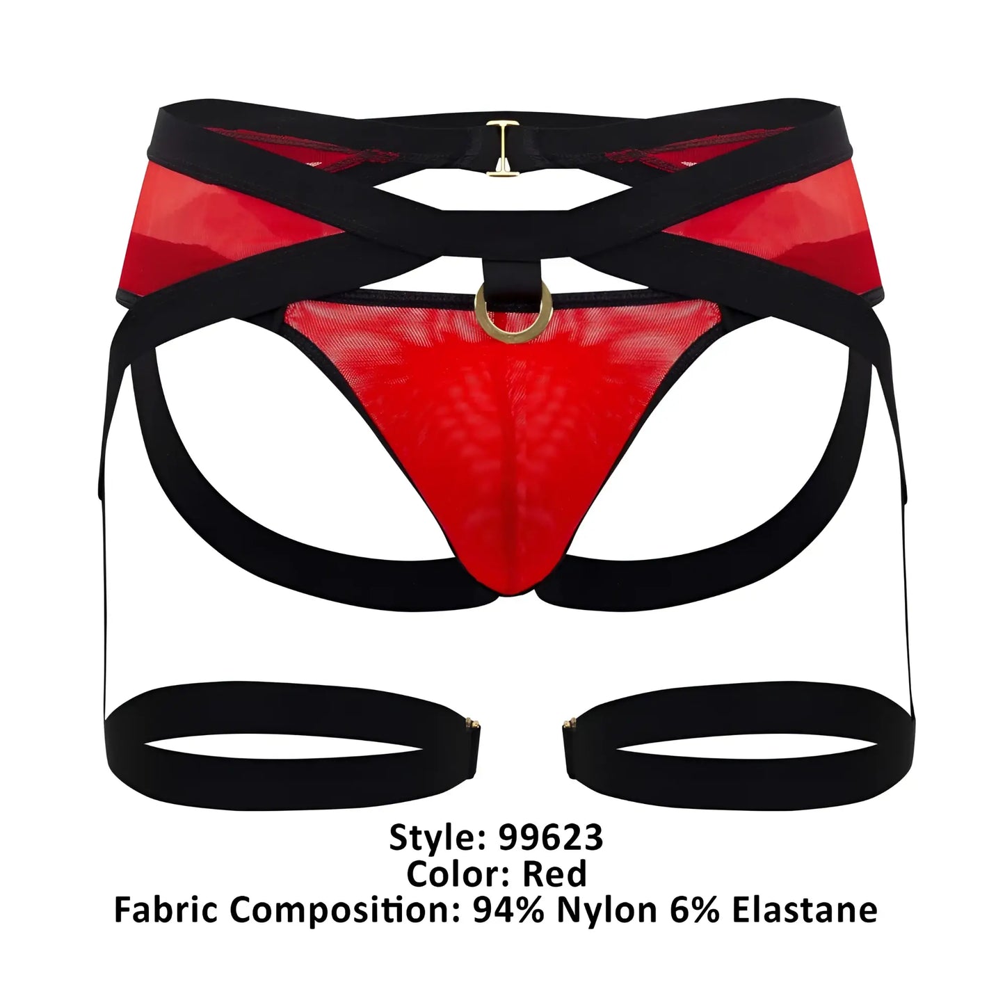 Red mesh harness-style garter jockstrap by candyman with black straps and gold-tone hardware in red color