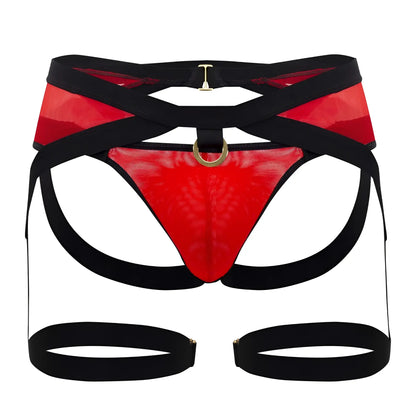 CandyMan 99623 garter jockstrap in red mesh thong with black straps and gold-tone hardware front view