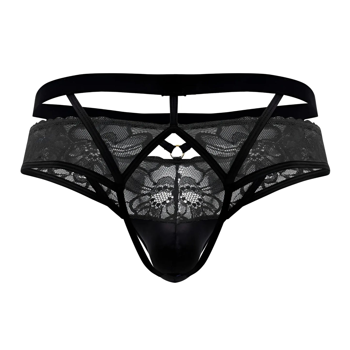 Black lace thong candyMan 99627 with glossy black front panel and adjustable straps in lace jockstrap design