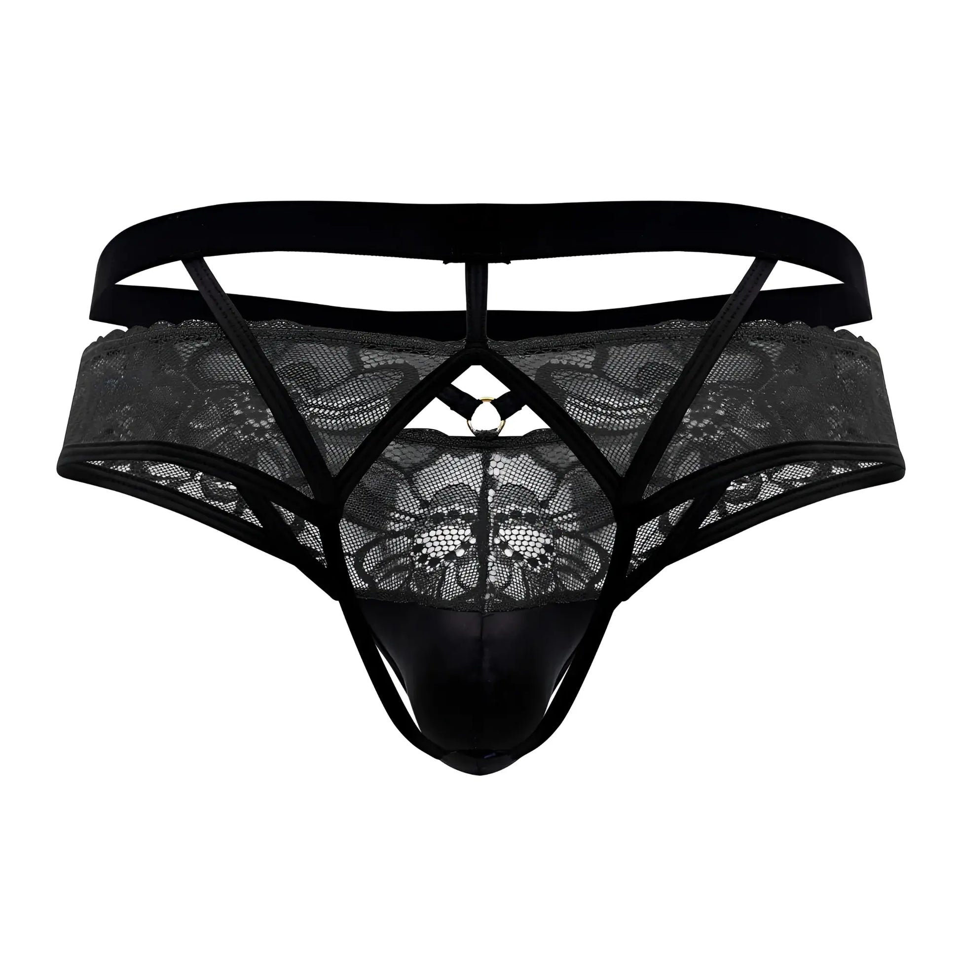 Black lace thong candyMan 99627 with glossy black front panel and adjustable straps in lace jockstrap design