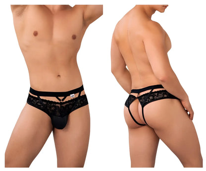 Black candyMan 99627 lace jockstrap thong with mesh and crisscross design showing the front side