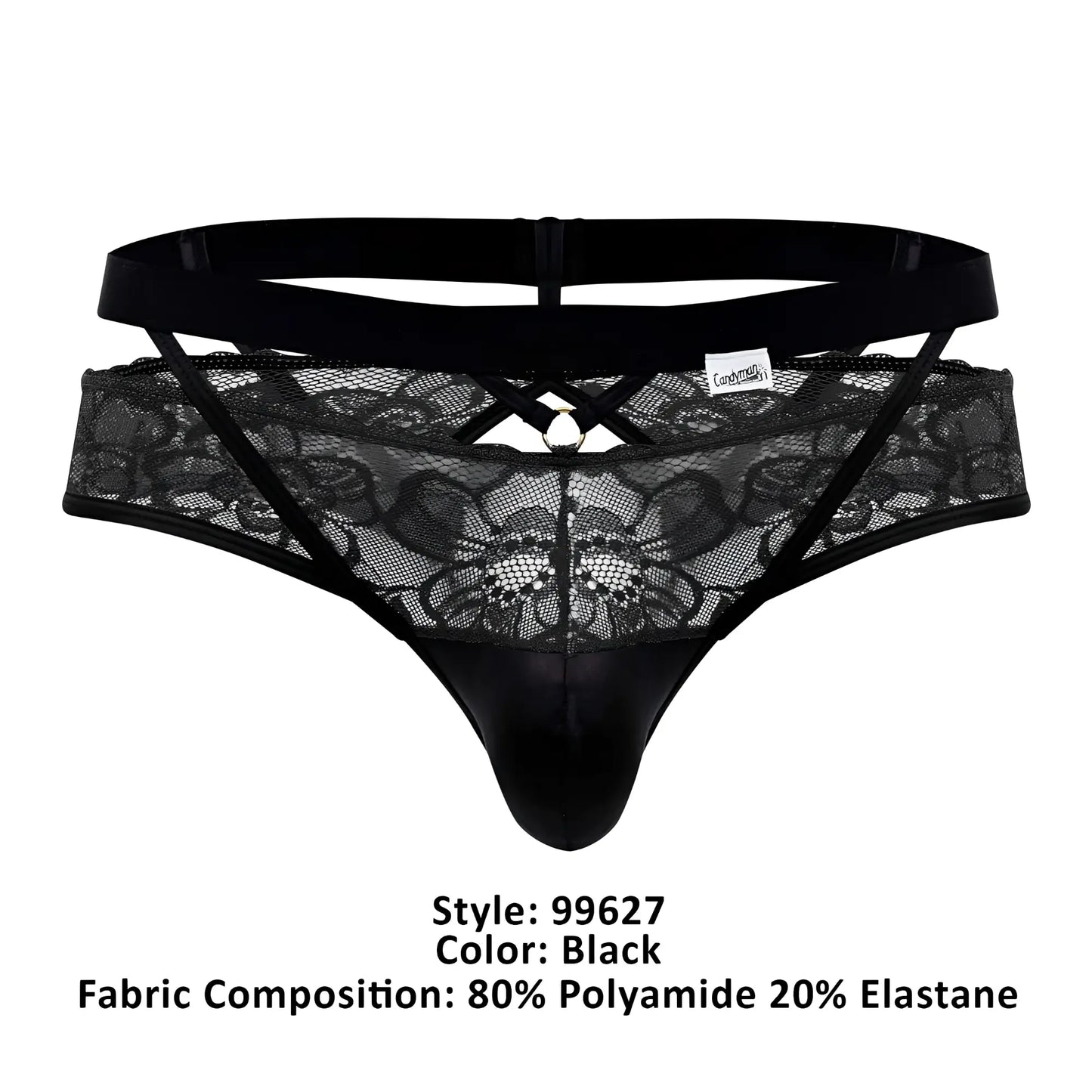 CandyMan 99627 black lace jockstrap with satin front panel and crisscross detailing front view