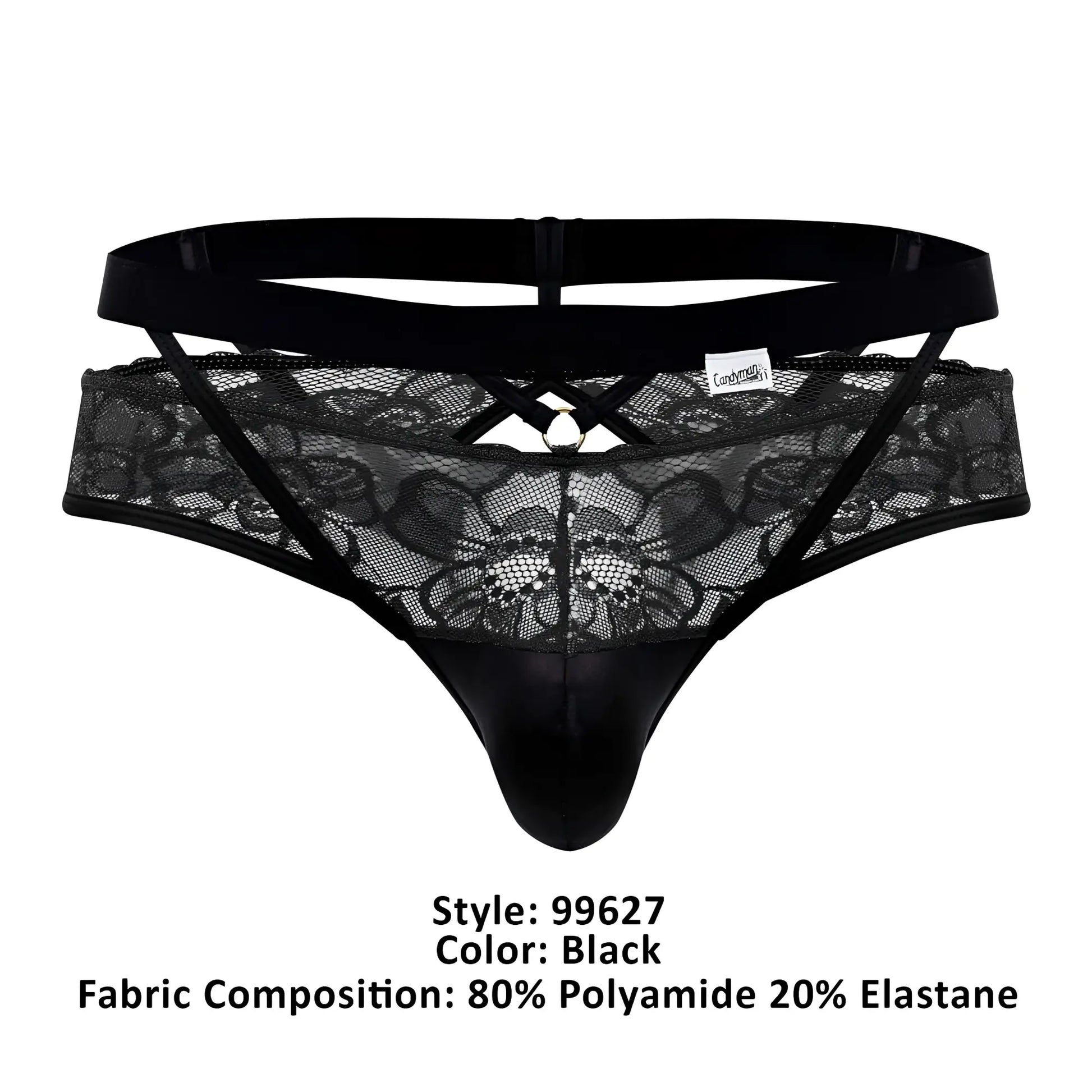 CandyMan 99627 black lace jockstrap with satin front panel and crisscross detailing front view