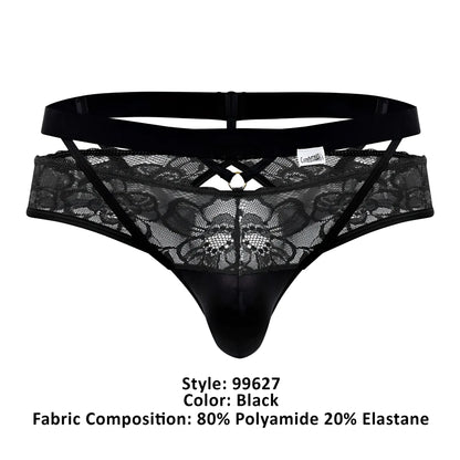 CandyMan 99627 black lace jockstrap with satin front panel and crisscross detailing front view