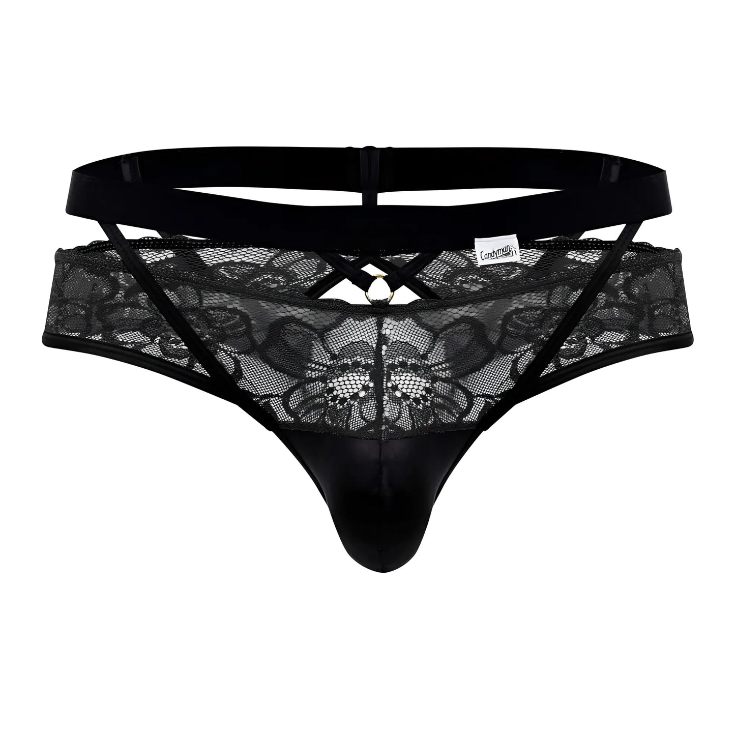 Black lace thong in satin-like front panel with adjustable elastic waistband from Candyman 99627 collection