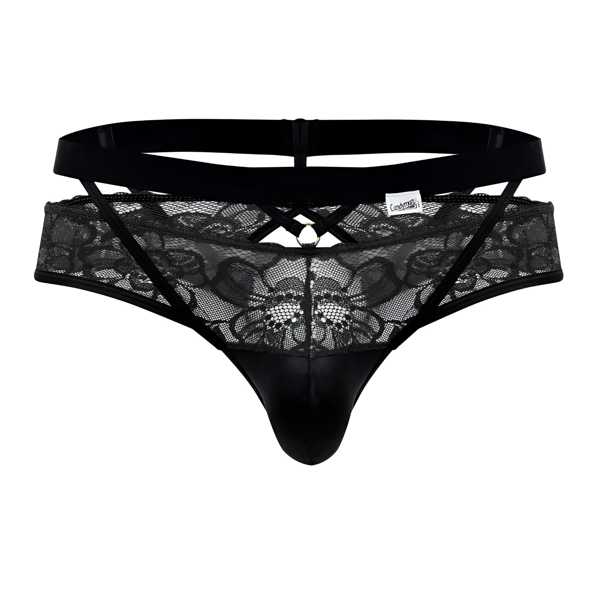 Black lace thong in satin-like front panel with adjustable elastic waistband from Candyman 99627 collection