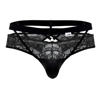 Black lace thong in satin-like front panel with adjustable elastic waistband from Candyman 99627 collection