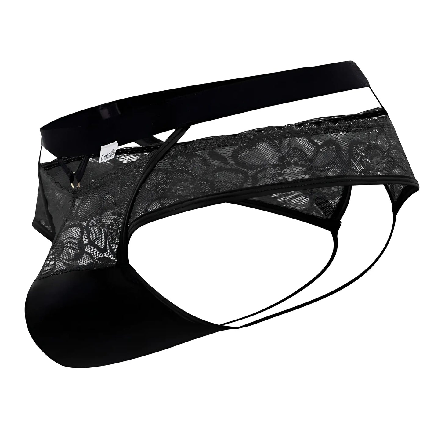 Black lace-trimmed mens briefs with solid black elastic waistband and matching thin straps candyMan 99627 lace jockstrap