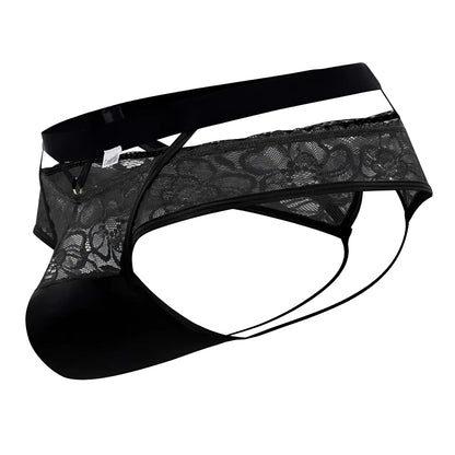 Black lace-trimmed mens briefs with solid black elastic waistband and matching thin straps candyMan 99627 lace jockstrap