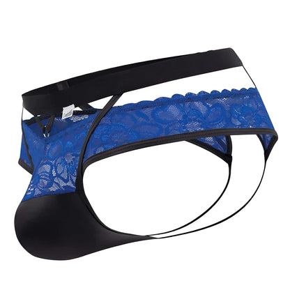 Blue lace candyMan 99627 lace jockstrap men’s briefs with black elastic waistband and leg openings