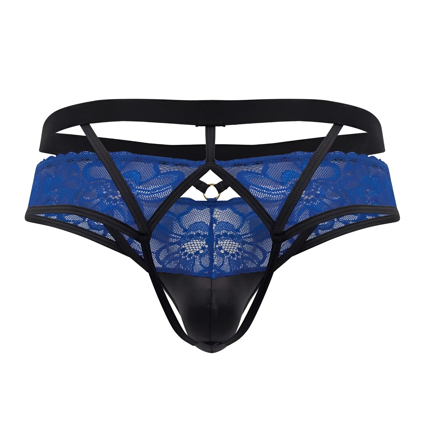 Candyman 99627 lace jockstrap in blue with black elastic straps and a glossy black front panel for men