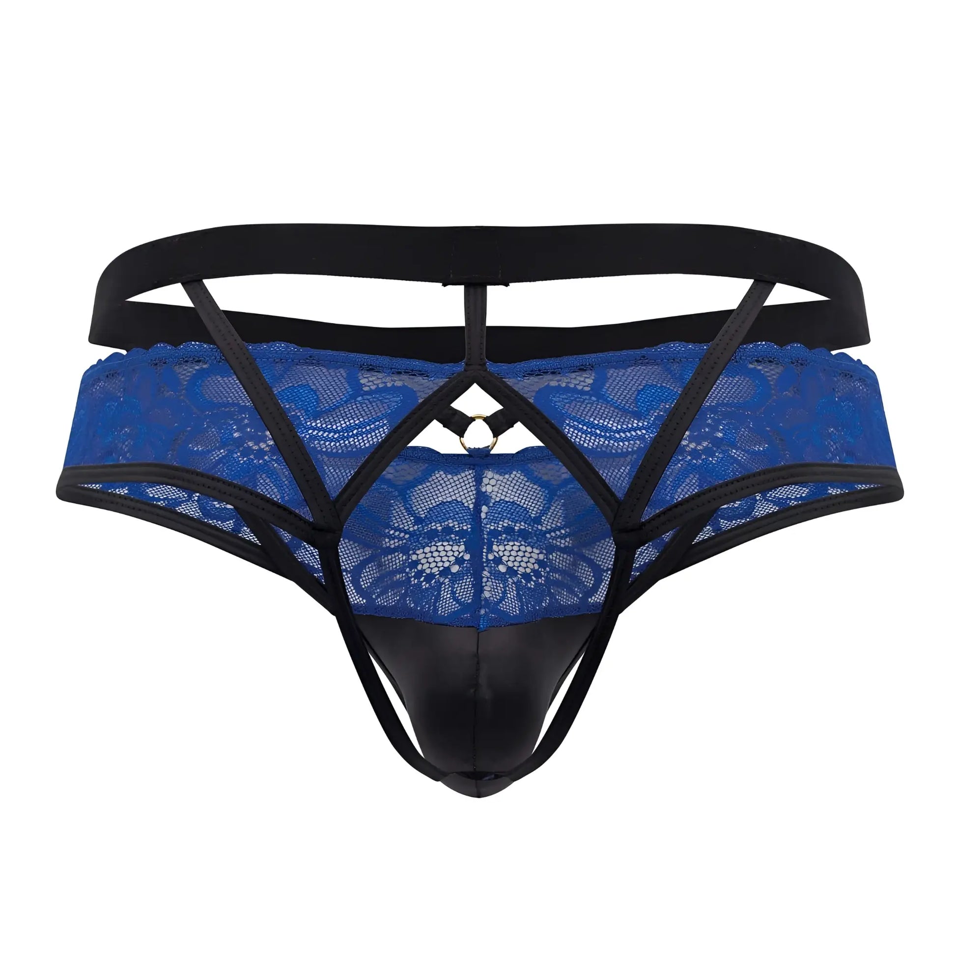 Candyman 99627 lace jockstrap in blue with black elastic straps and a glossy black front panel for men