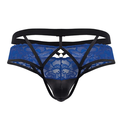 Candyman 99627 lace jockstrap in blue with black elastic straps and a glossy black front panel for men