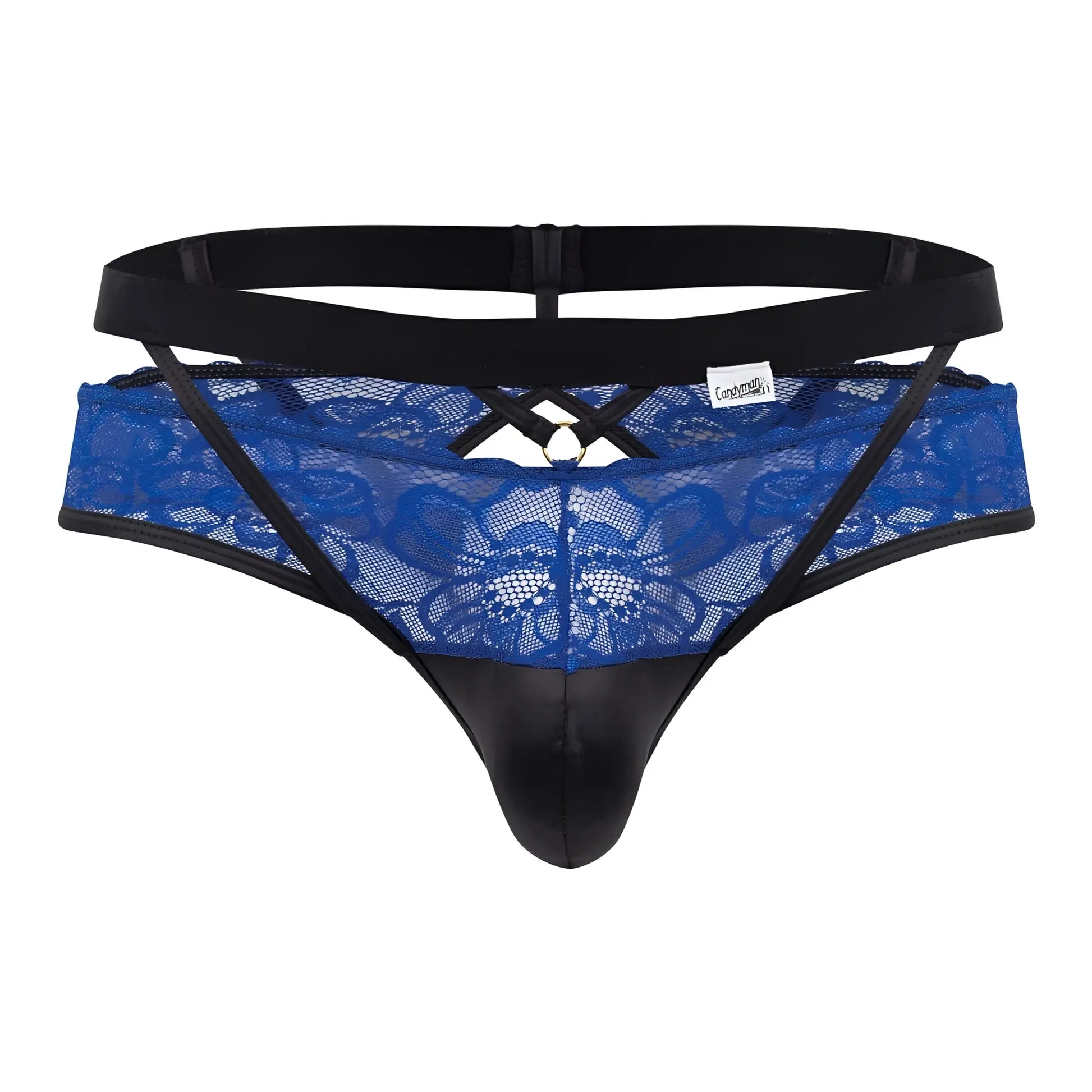 Blue candyMan 99627 lace jockstrap thong with black elastic waistband and faux leather front panel