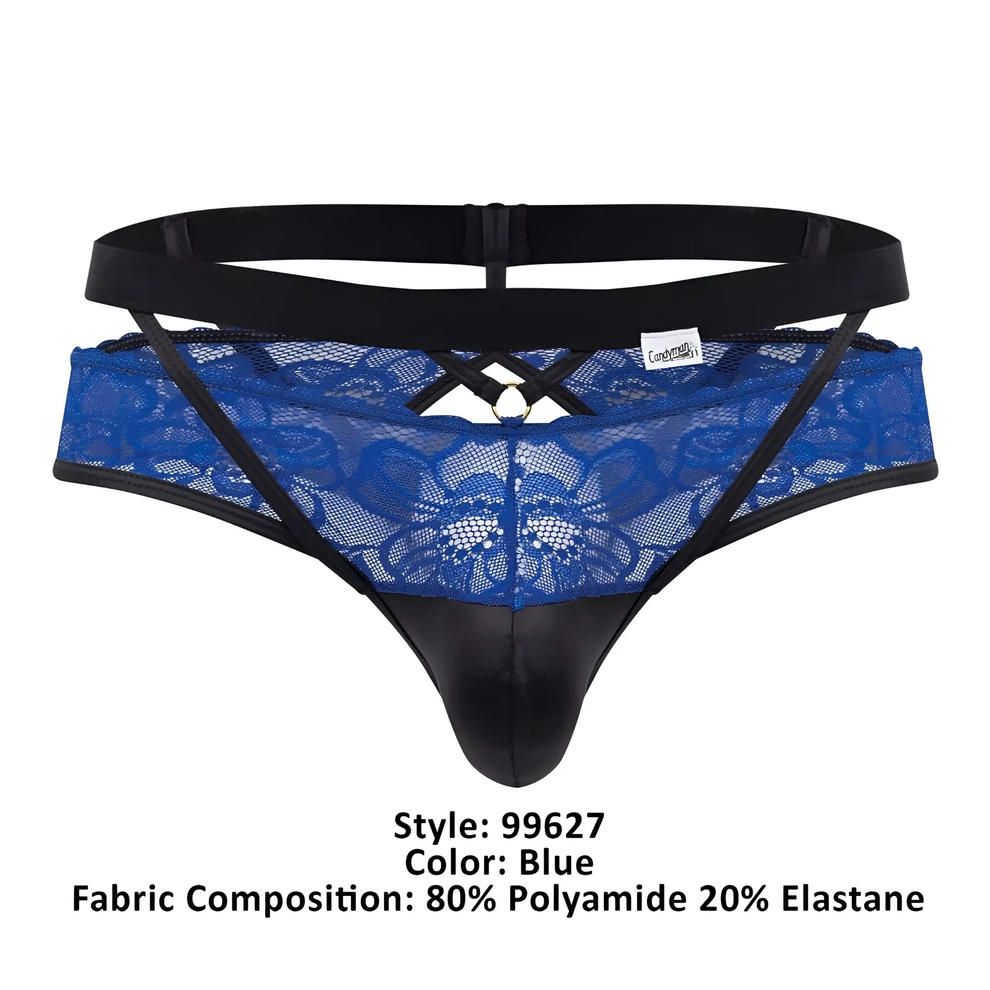 Blue lace thong CandyMan 99627 with black elastic waistband and side straps featuring central metal ring detail