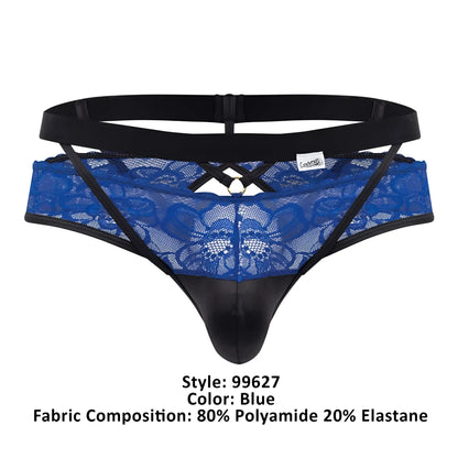 Blue lace thong CandyMan 99627 with black elastic waistband and side straps featuring central metal ring detail