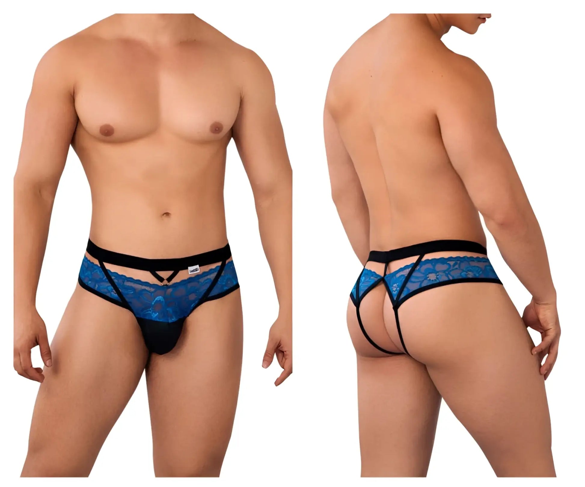 Blue lace thong with black trim and central panel from Candyman 99627 lace jockstrap in blue color