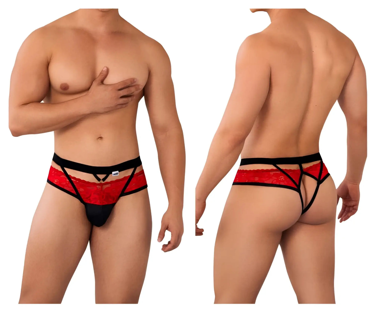 Red and black lace thong candyMan 99627 with bold intricate pattern in lace material for stylish underwear wear