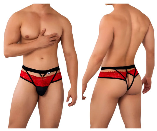 Red and black lace thong candyMan 99627 with bold intricate pattern in lace material for stylish underwear wear