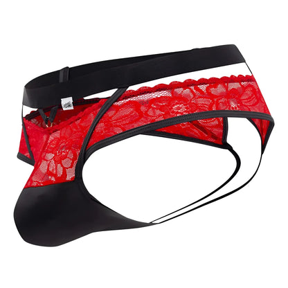CandyMan 99627 lace jockstrap in red with black lace thong and satin-like finish for stylish comfortable wear
