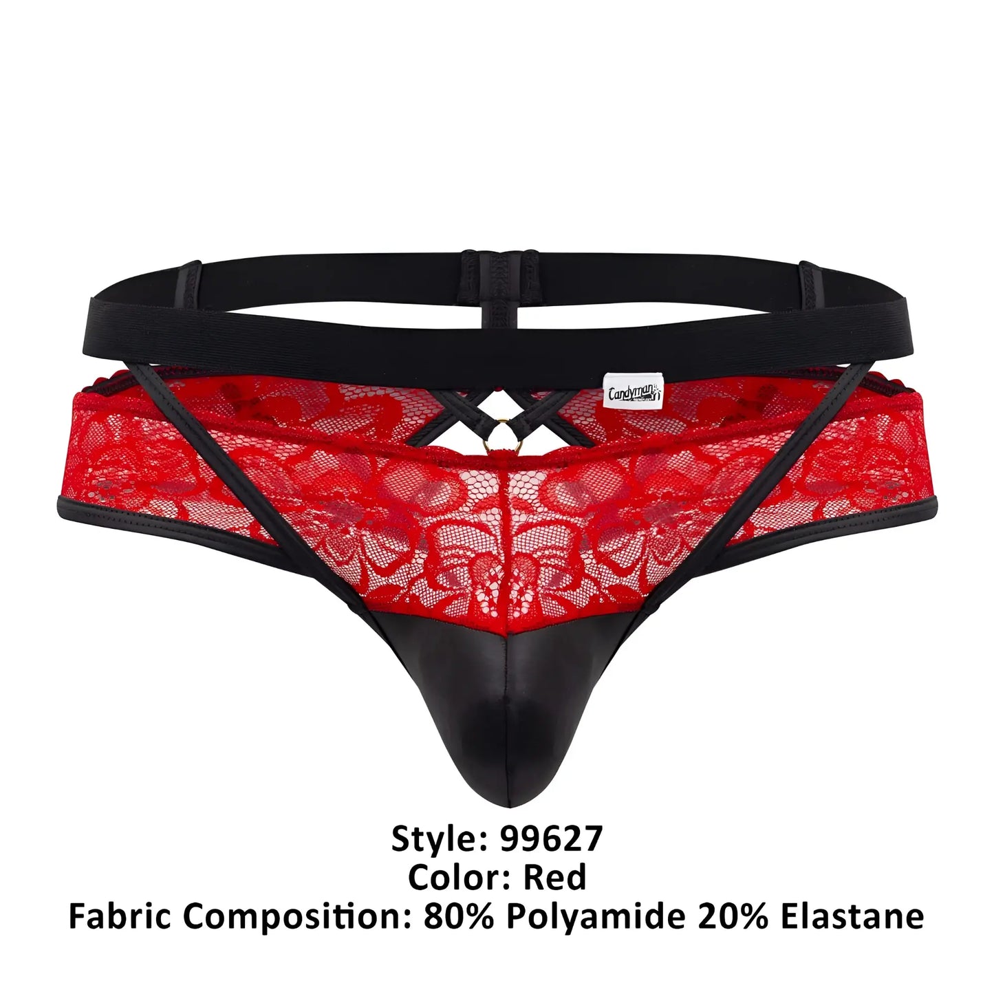 Red lace thong jockstrap with black elastic waistband and faux leather front panel by candyman in red