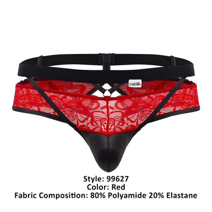 Red lace thong jockstrap with black elastic waistband and faux leather front panel by candyman in red