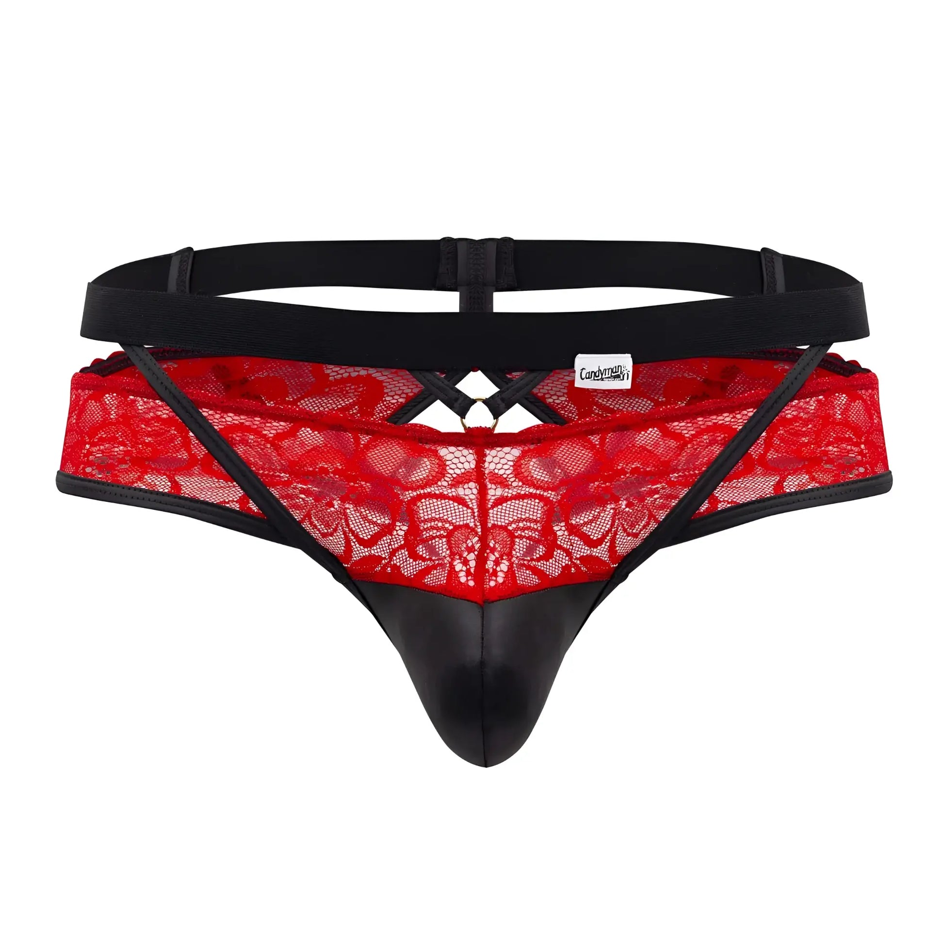 Red lace thong with black leather trim and adjustable elastic waistband from CandyMan 99627 lace jockstrap collection