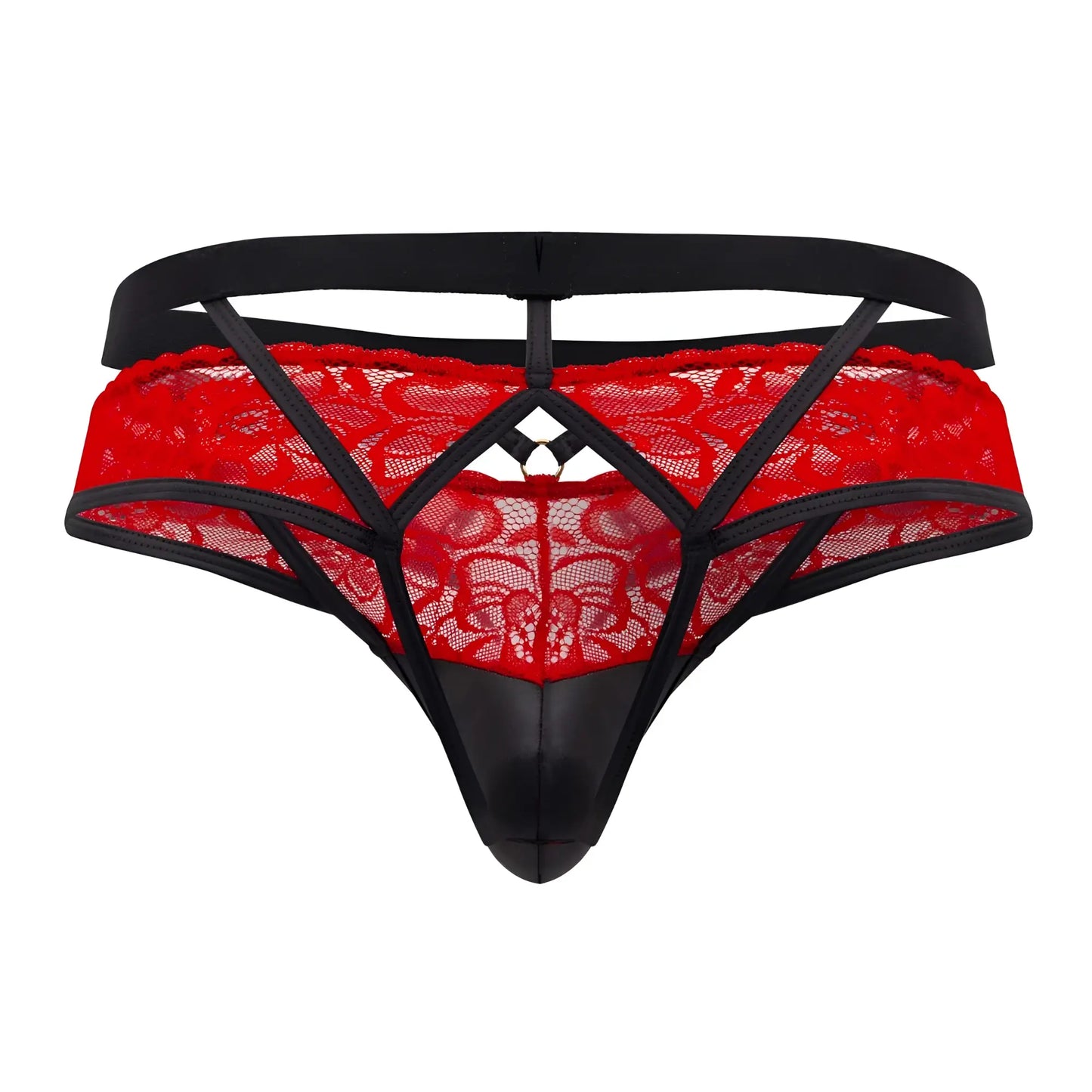 Red lace jockstrap candy man 99627 with black straps and glossy black front panel in red lace design